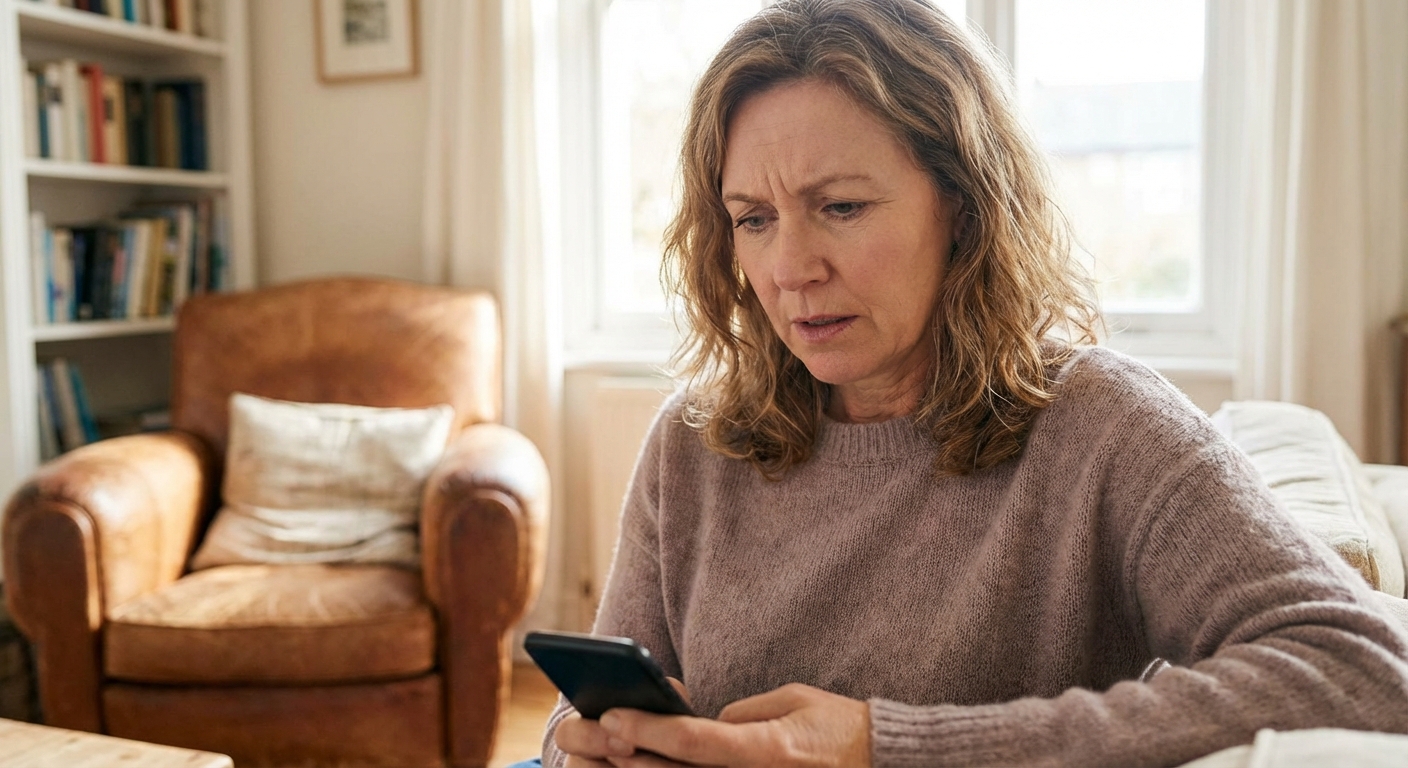 Woman looking at phone with concern